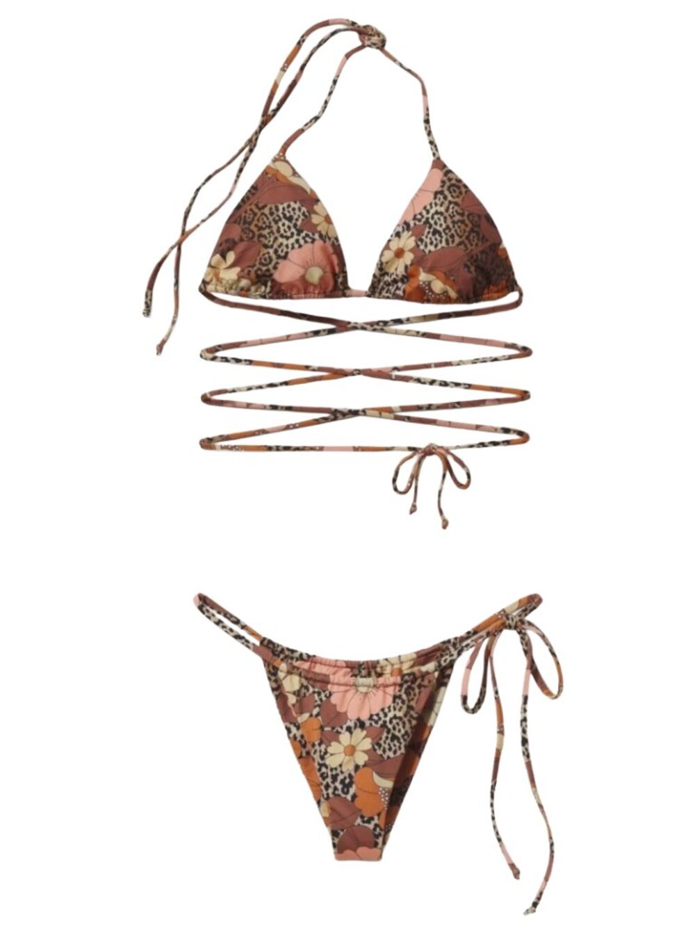 inamorata las olas bikini top and bottom set in brown and pink leopard floral